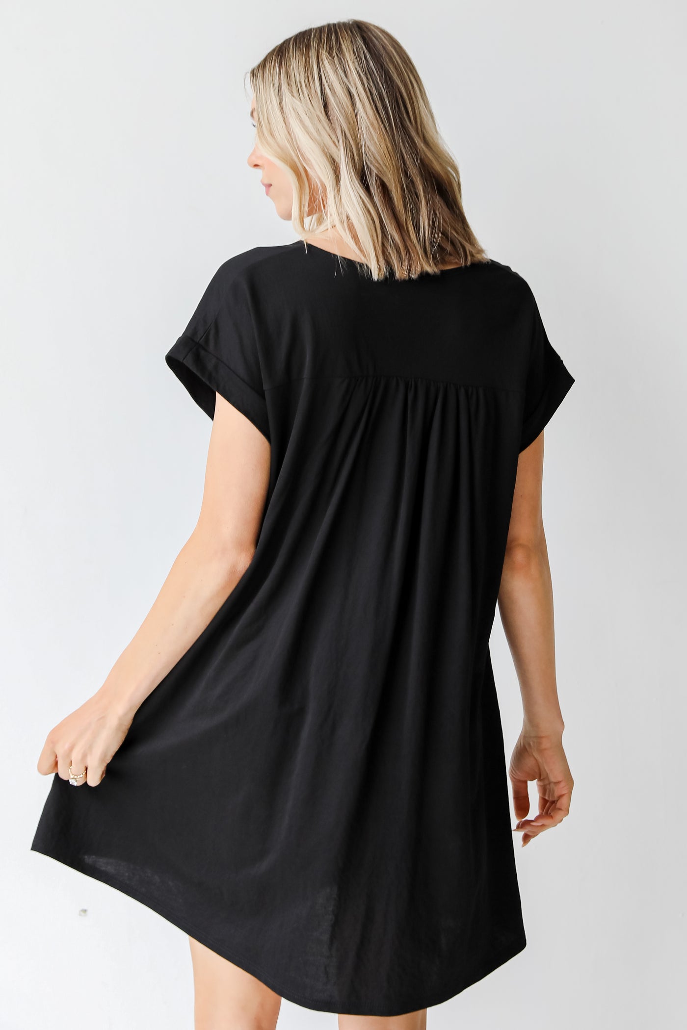 Button Front Mini Dress in black back view