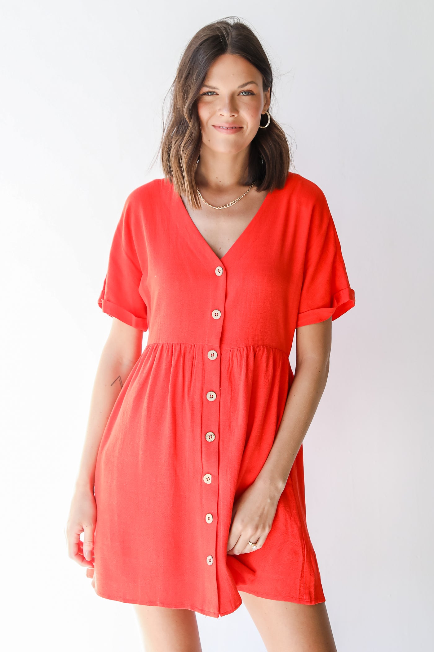 Linen Babydoll Dress in red on model