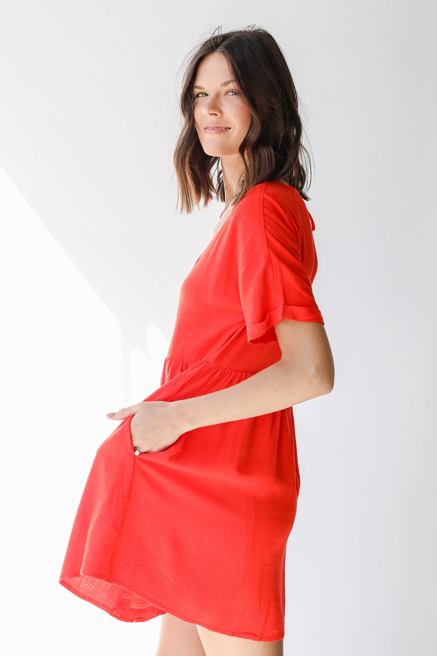 Linen Babydoll Dress in red side view