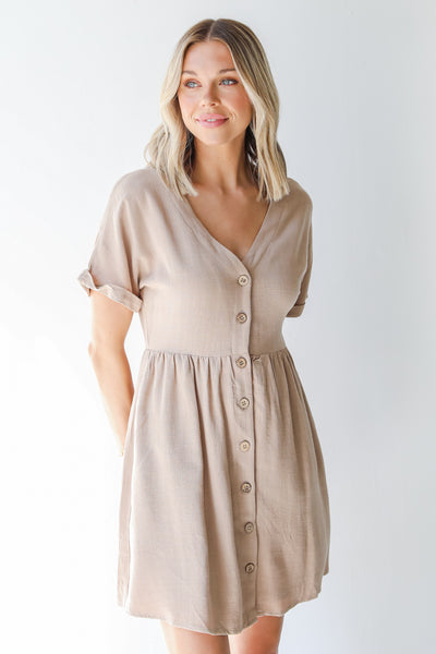 Linen Babydoll Dress in taupe