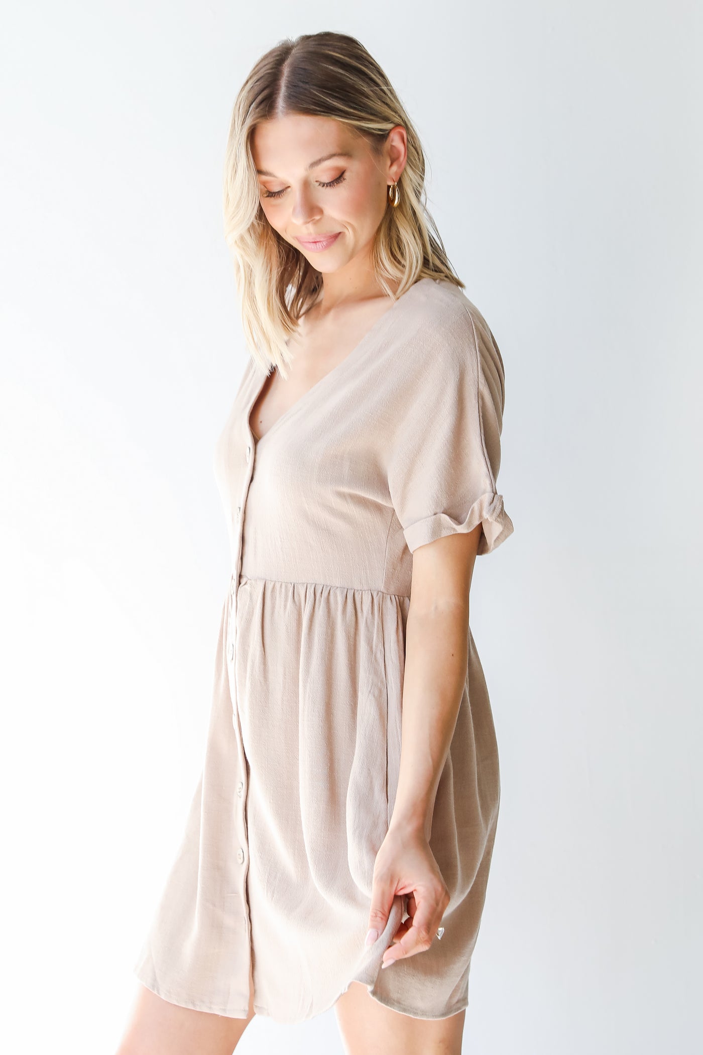 Linen Babydoll Dress in taupe side view