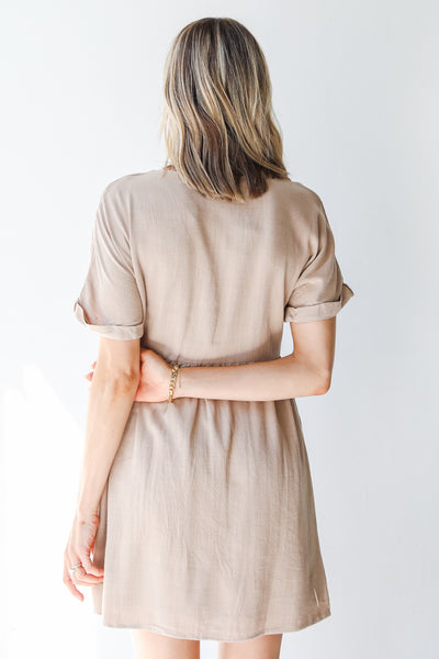 Linen Babydoll Dress in taupe back view