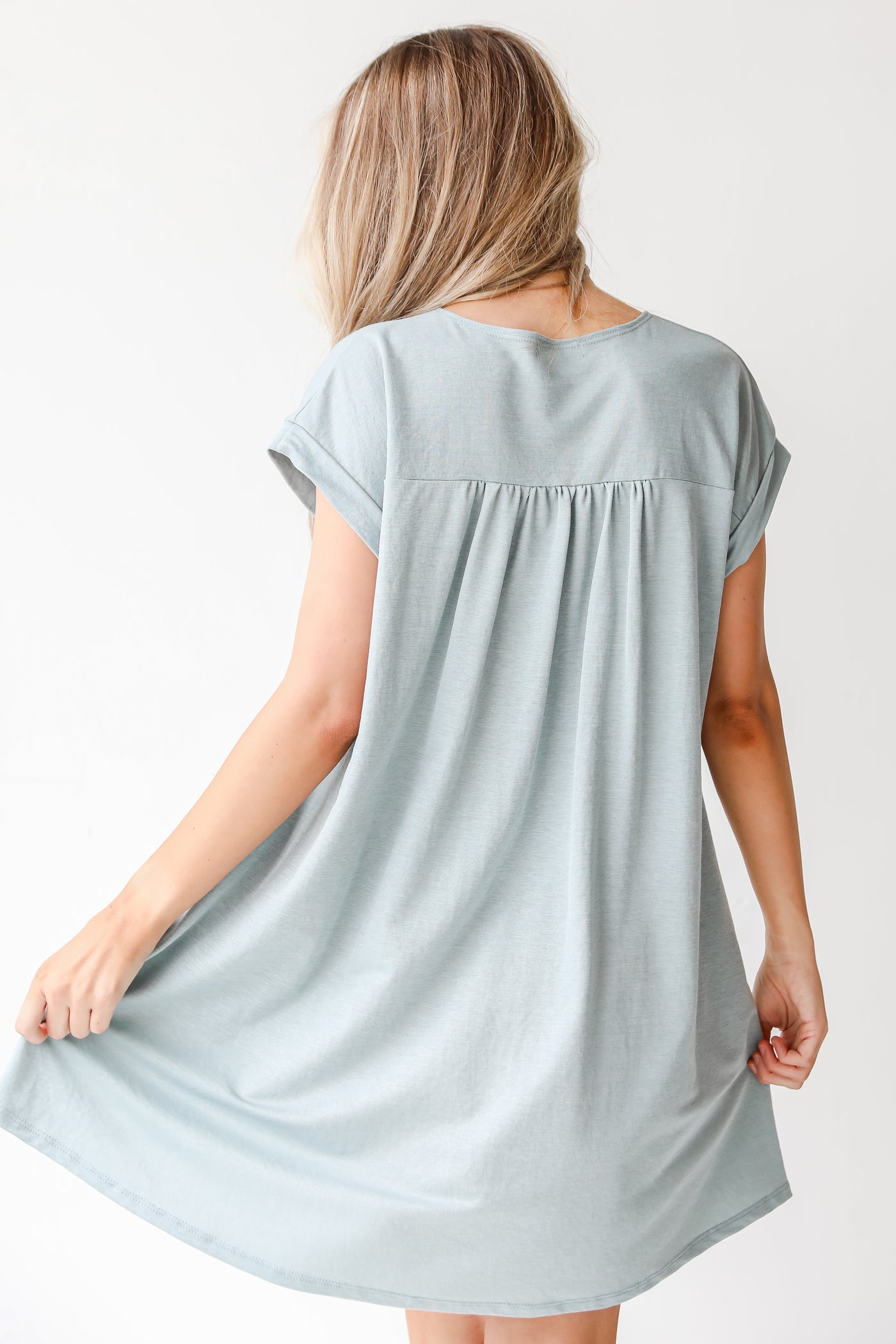 Button Front Mini Dress in sage back view