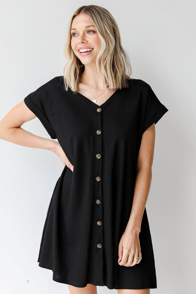 Button Front Mini Dress in black