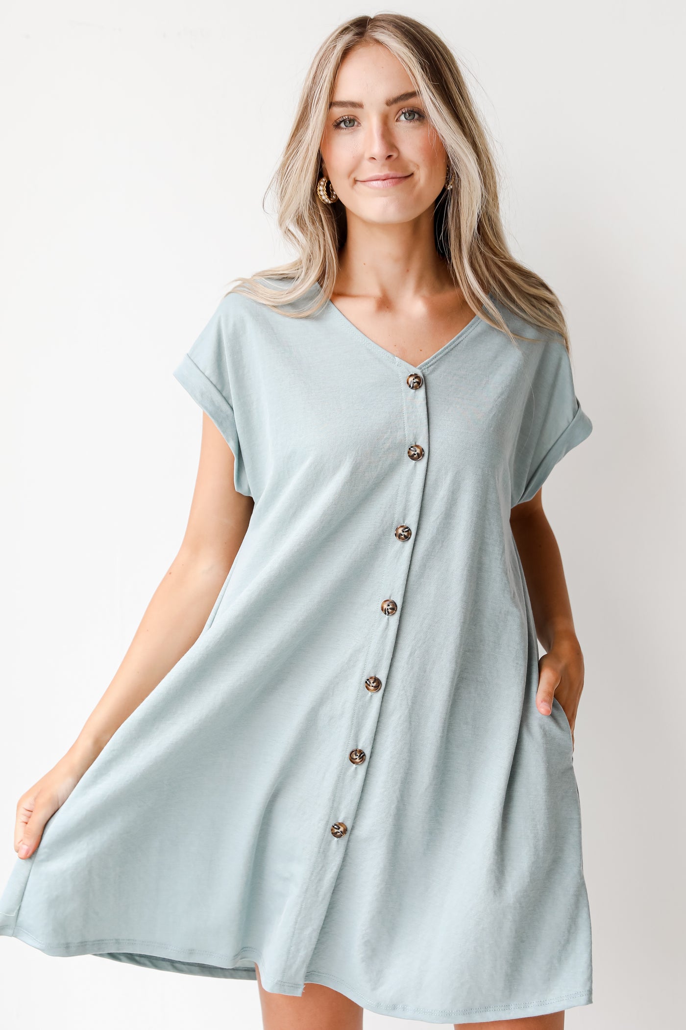 Button Front Mini Dress in sage