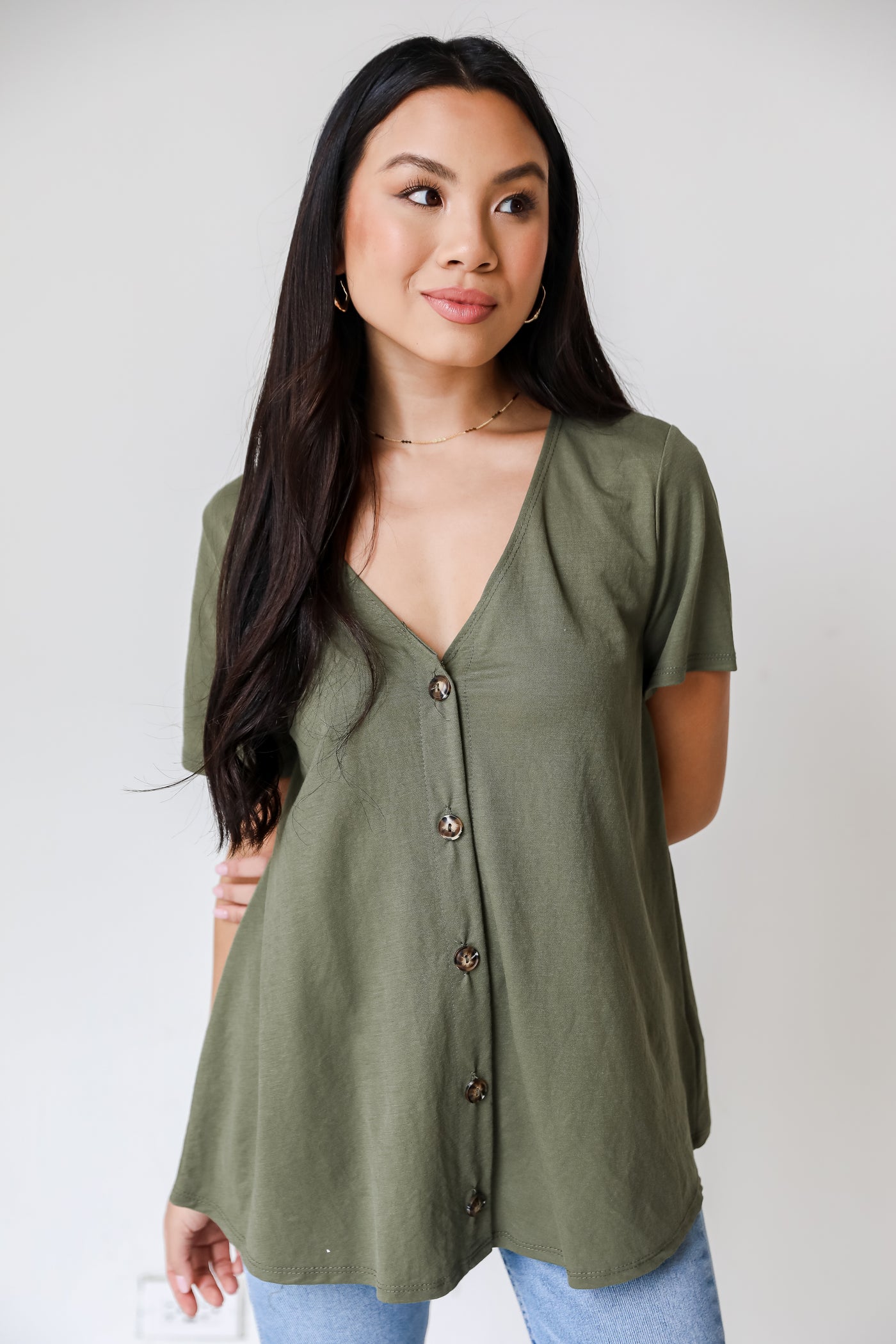 olive Button-Front Top