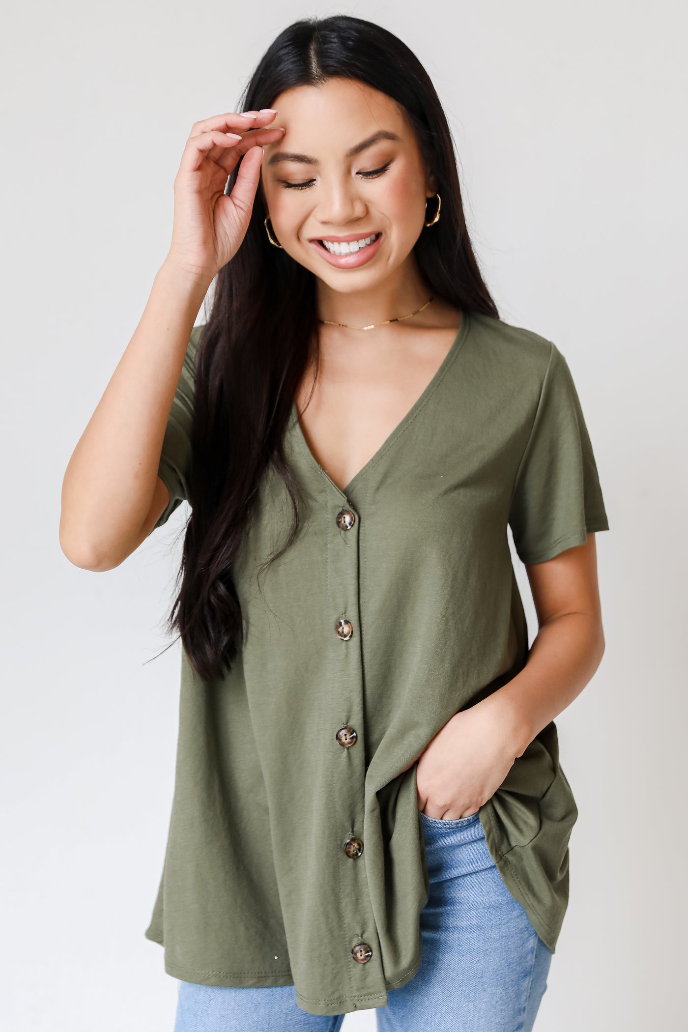 olive Button-Front Top on model