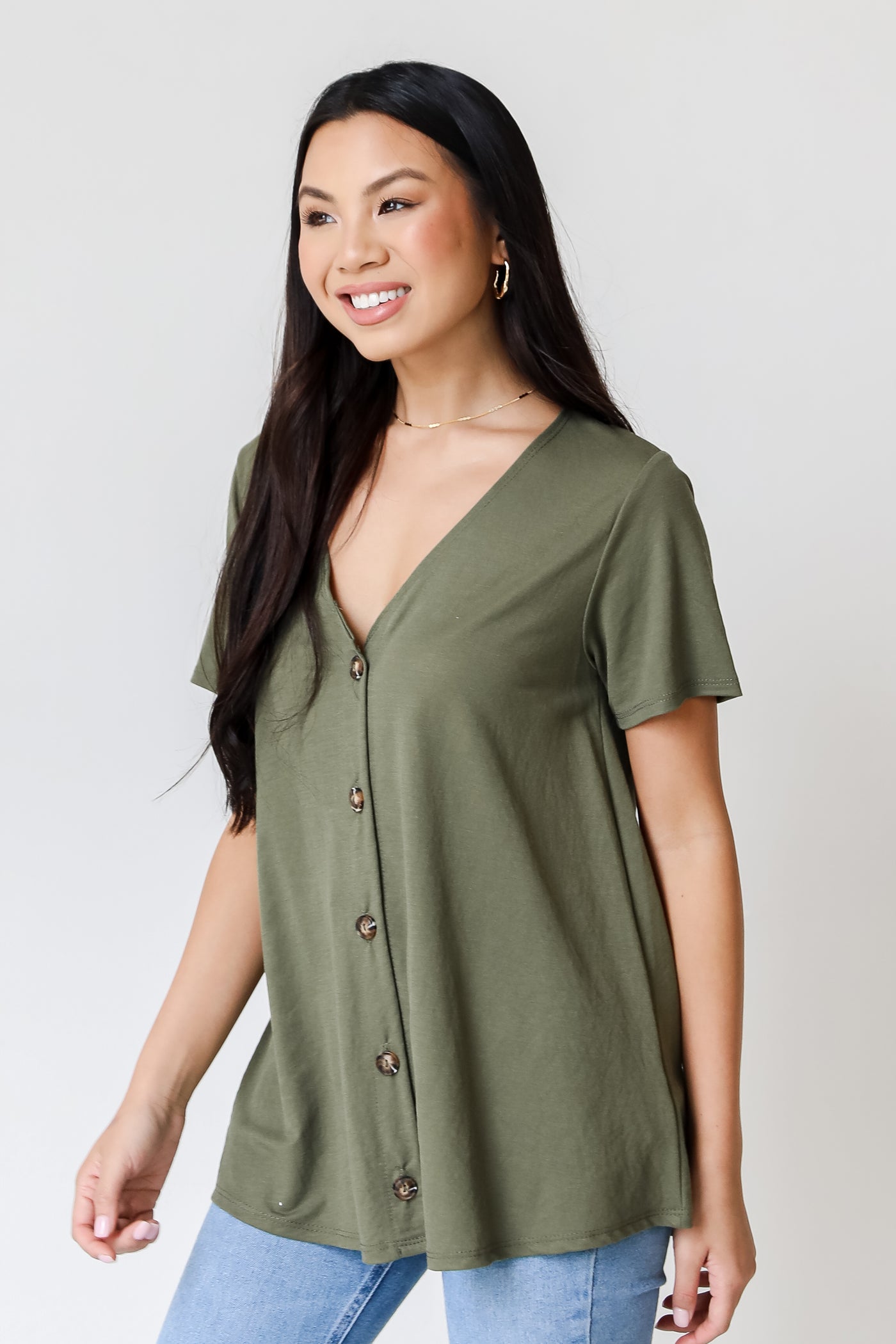 olive Button-Front Top side view