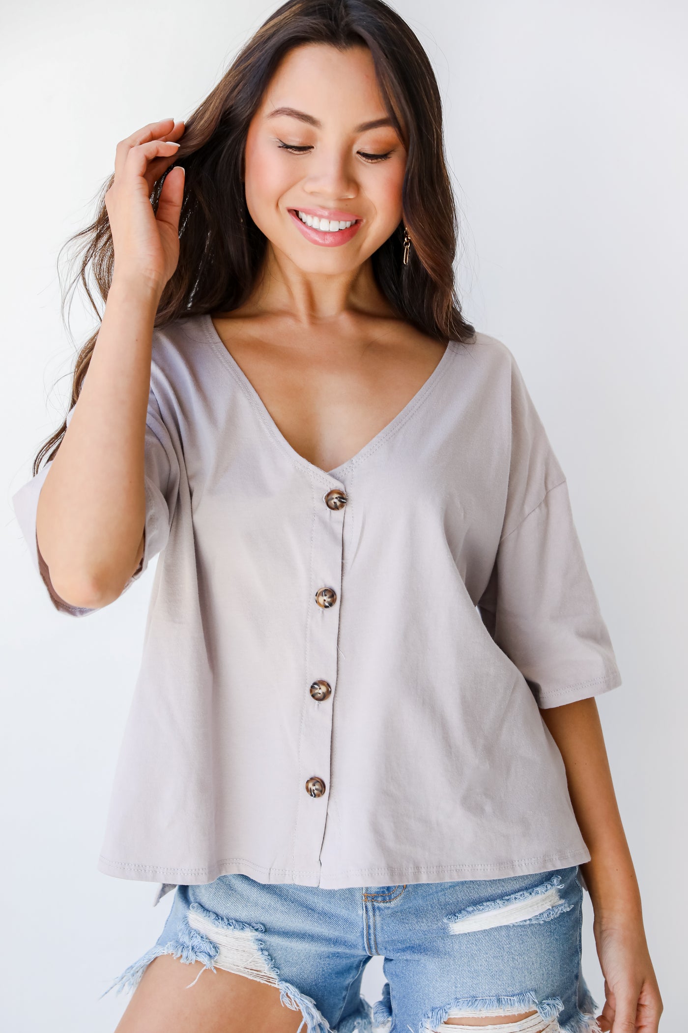 Button-Front Top in grey