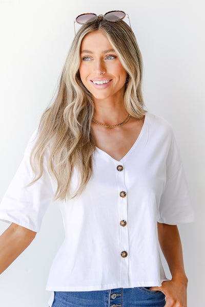 Button-Front Top in white on model