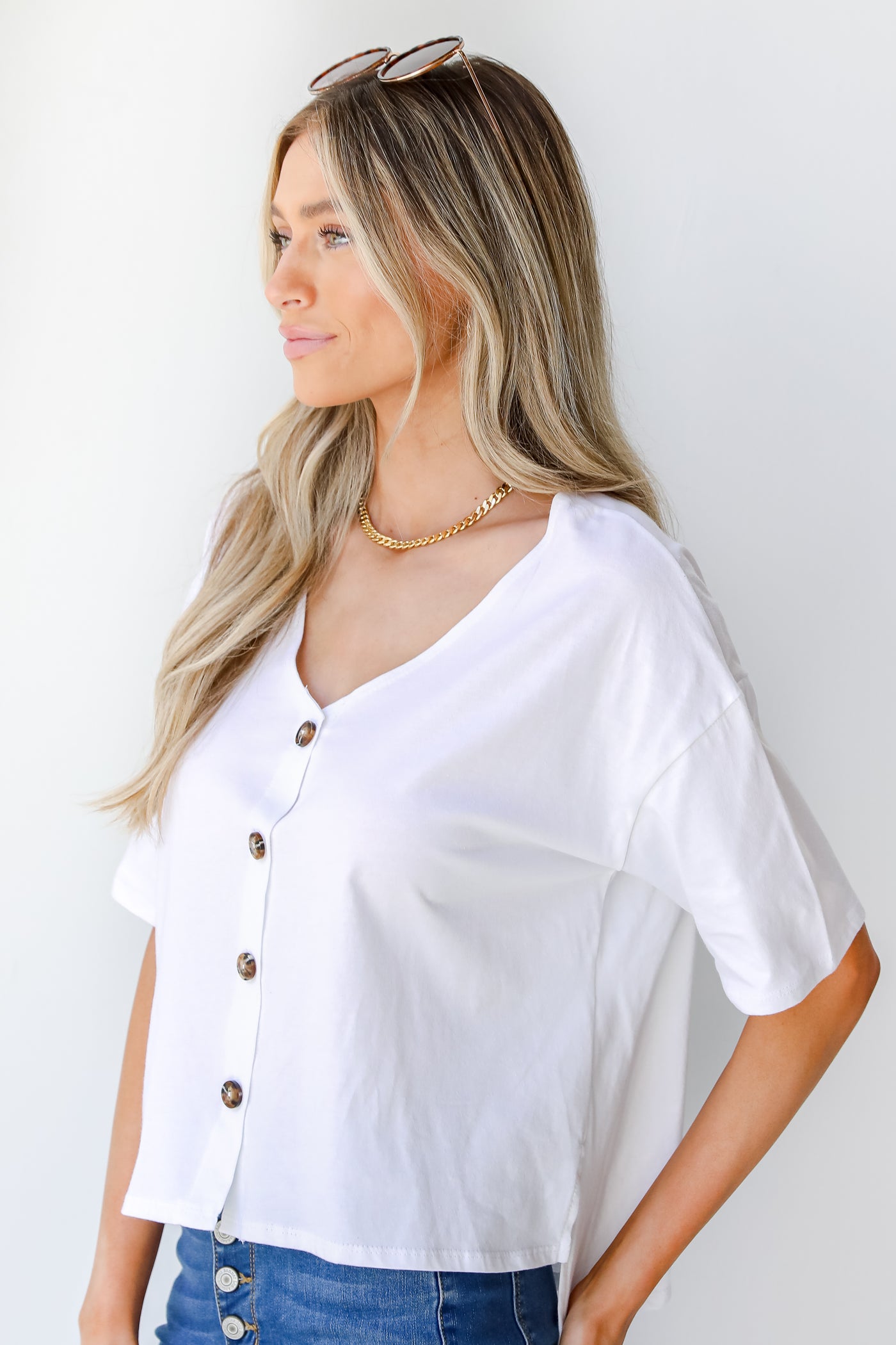 Button-Front Top in white side view