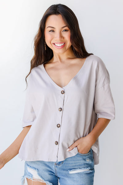 Button-Front Top in grey on model