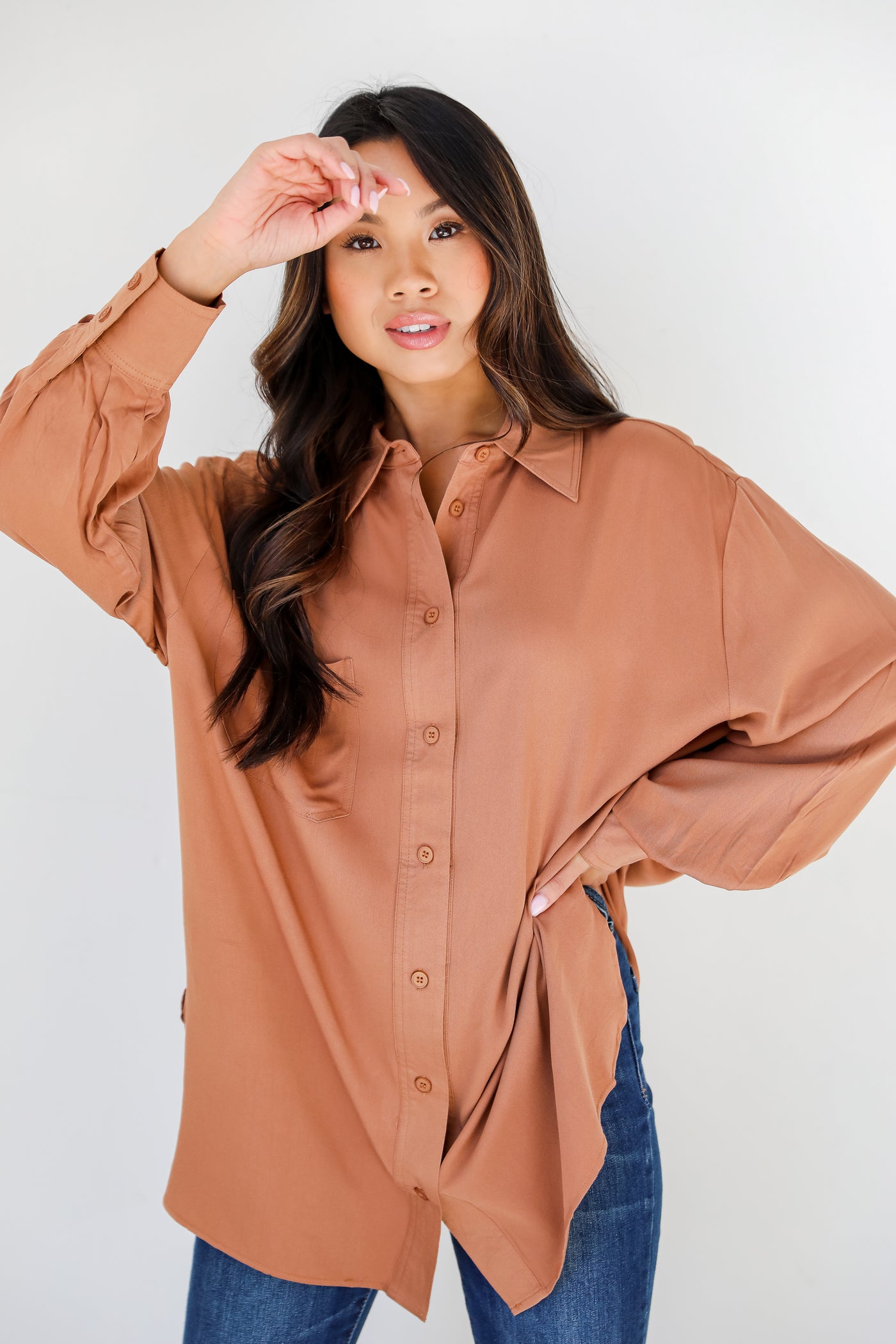 taupe Button-Up Blouse