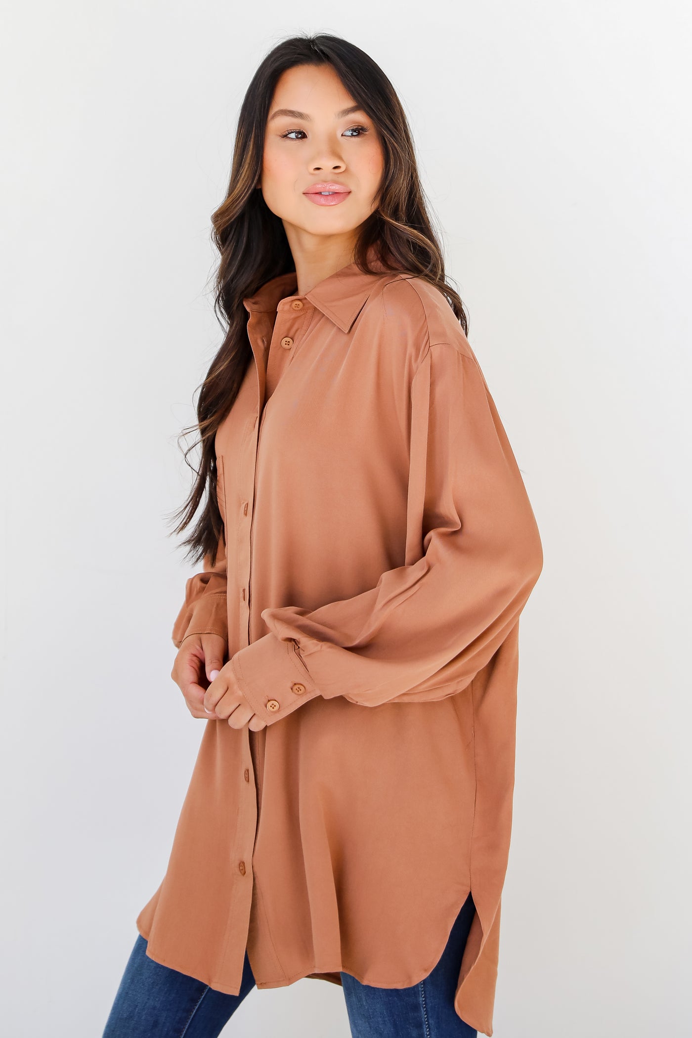 taupe Button-Up Blouse side view