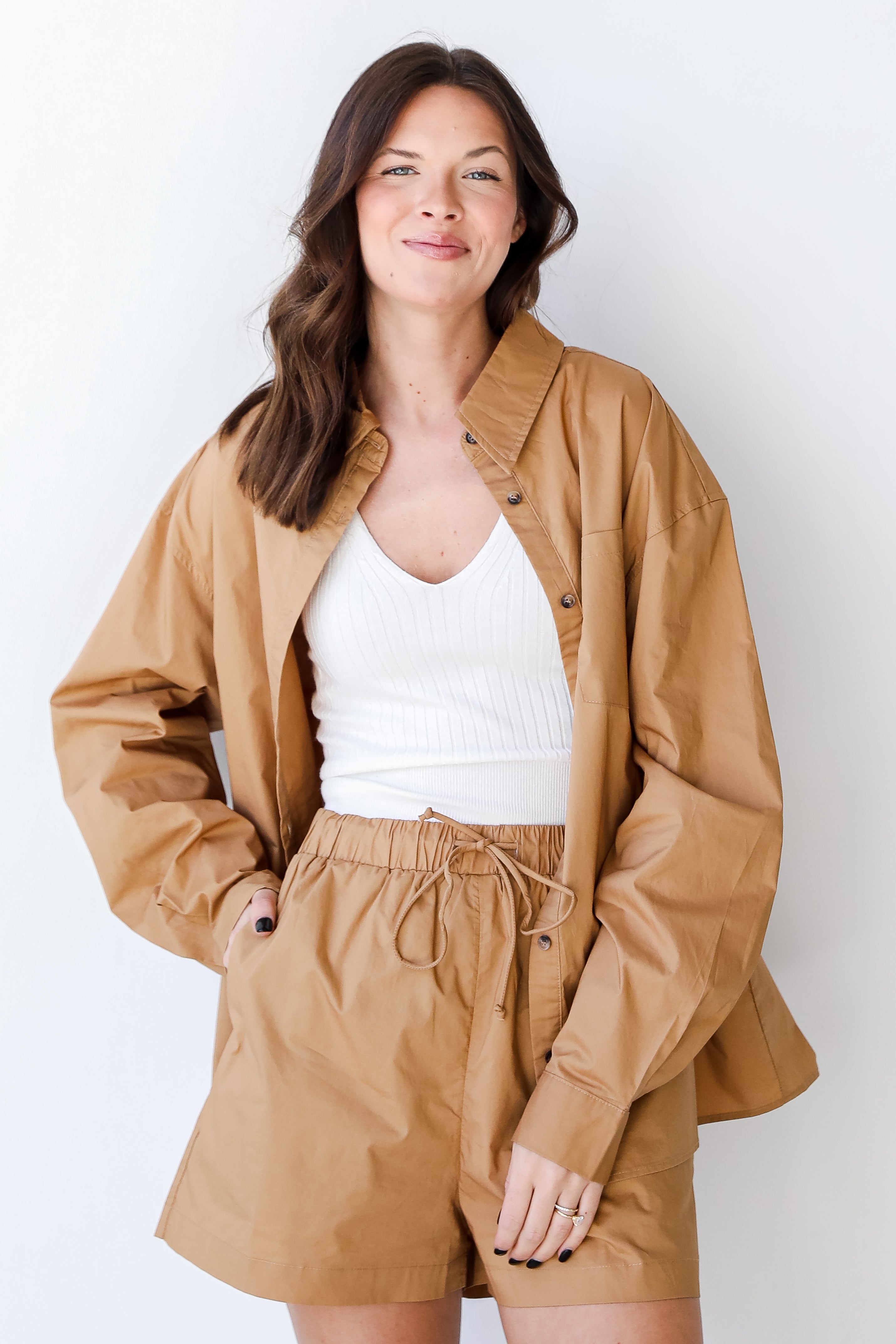 Shorts in camel front view