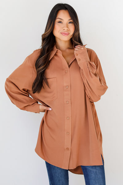 taupe Button-Up Blouse on model