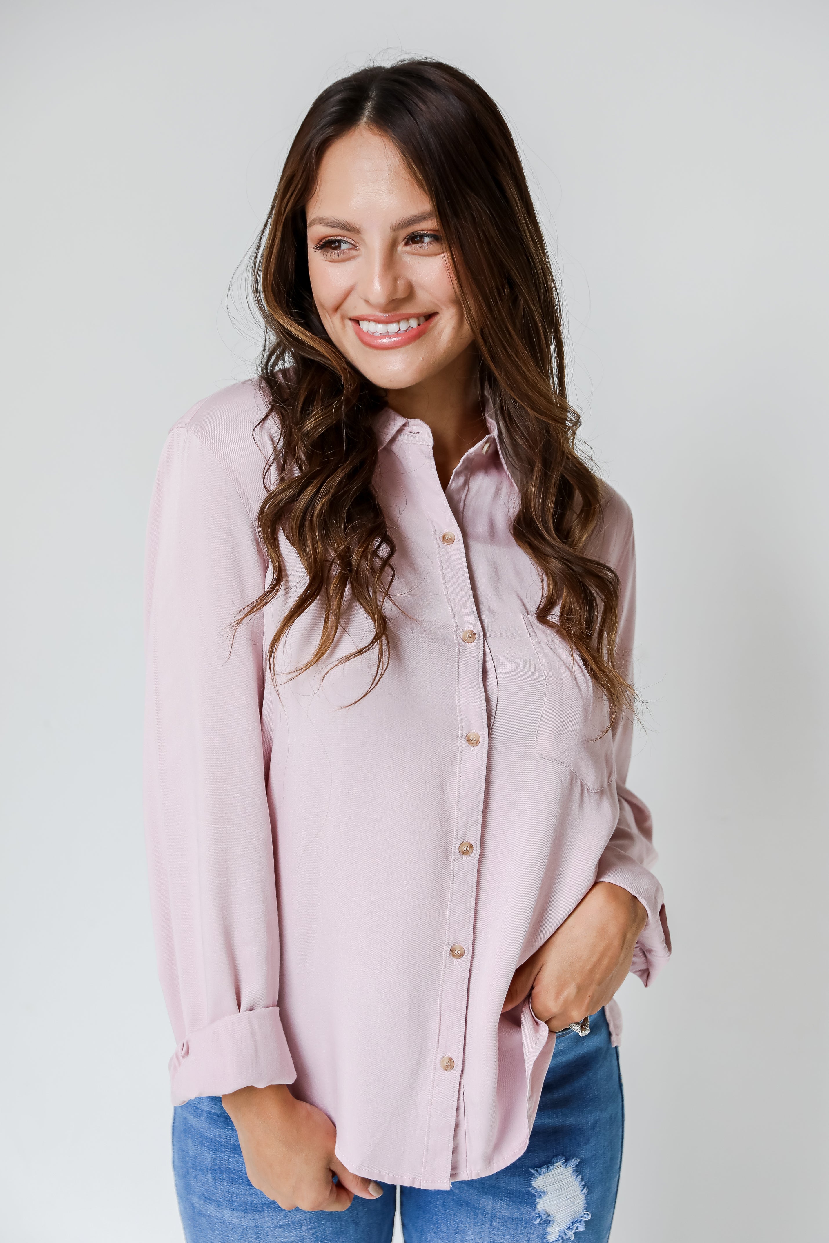 lavender Button-Up Blouse on model