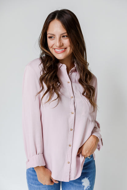 lavender Button-Up Blouse on model