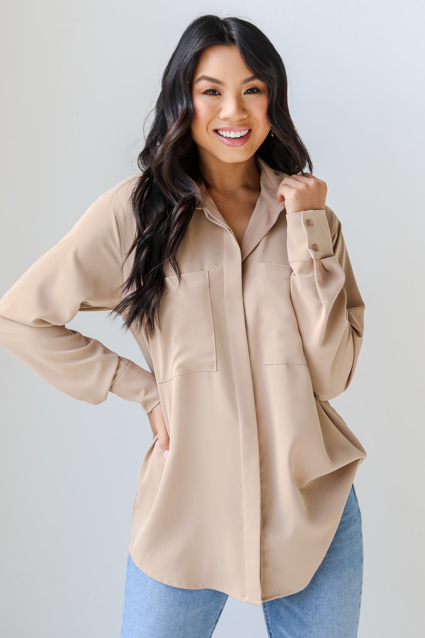taupe Button-Up Blouse