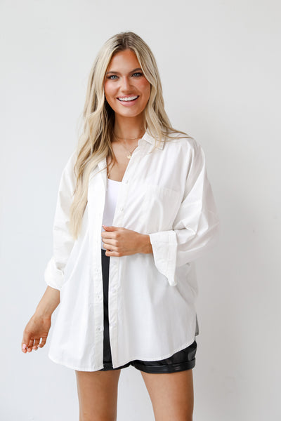 white Oversized Button-Up Blouse on model