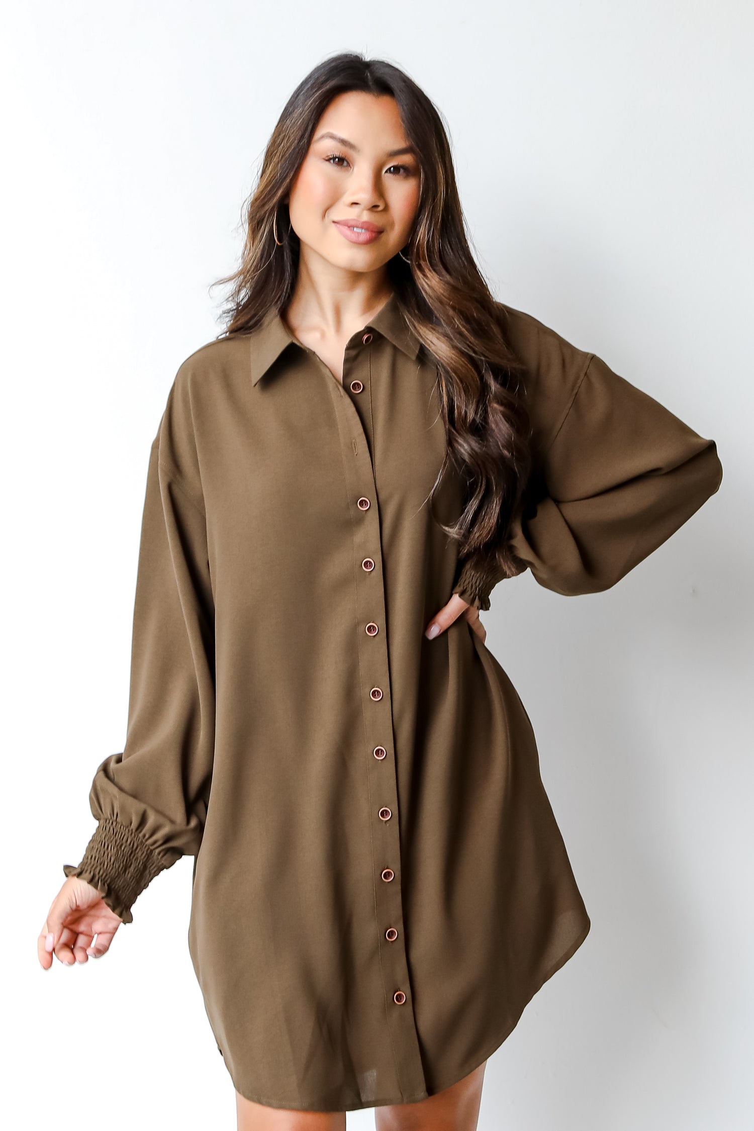 olive Shirt Dress on model