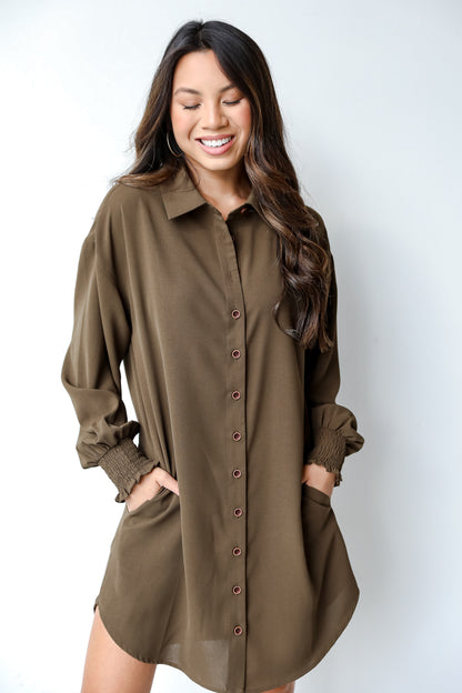 model wearing an olive Shirt Dress
