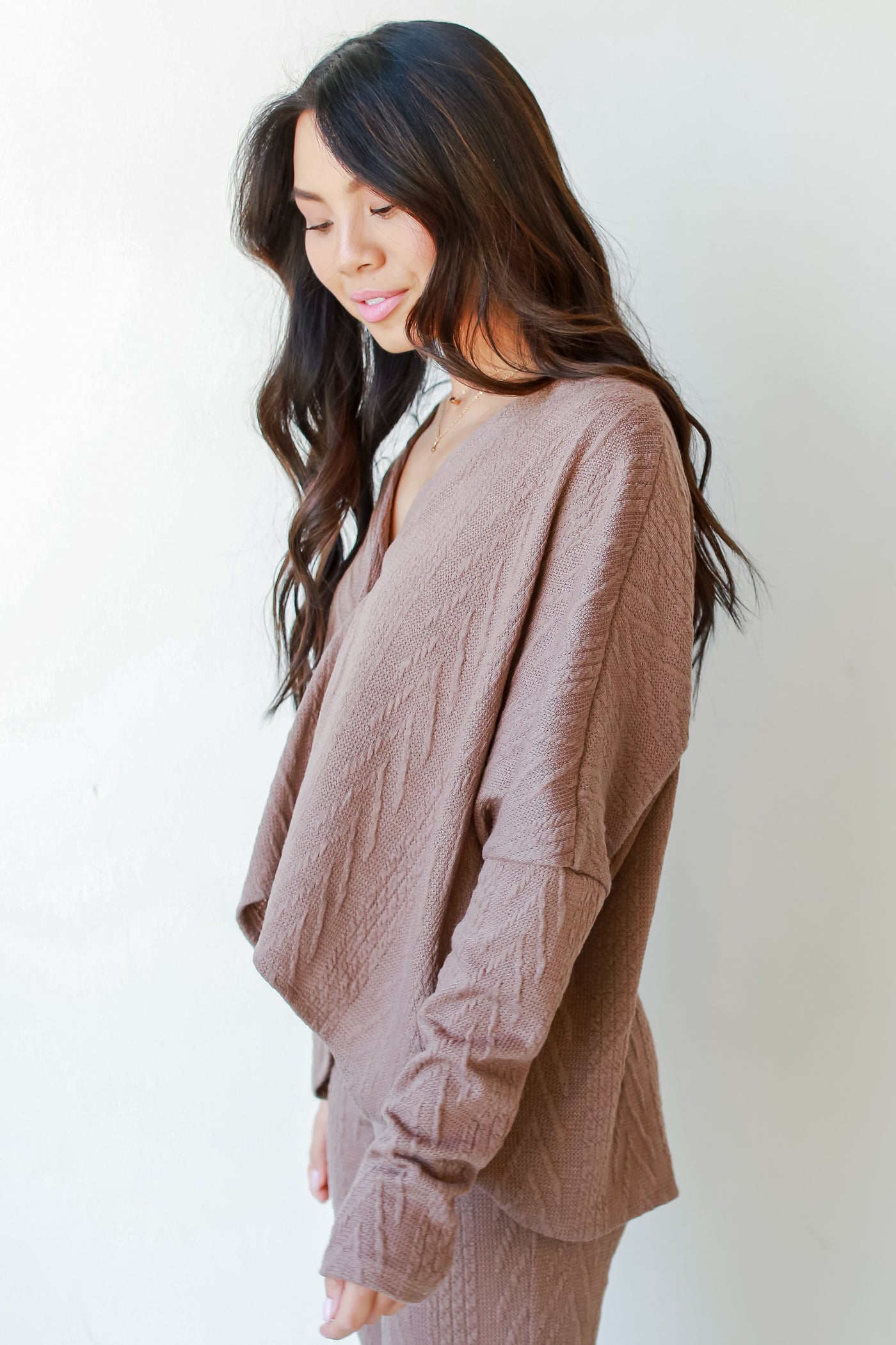 Cable Knit Cardigan in mocha side view