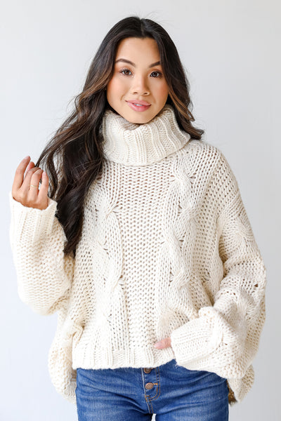 Cable Knit Turtleneck Sweater in ivory front view