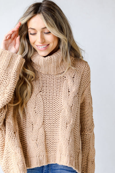 Cable Knit Turtleneck Sweater in taupe close up