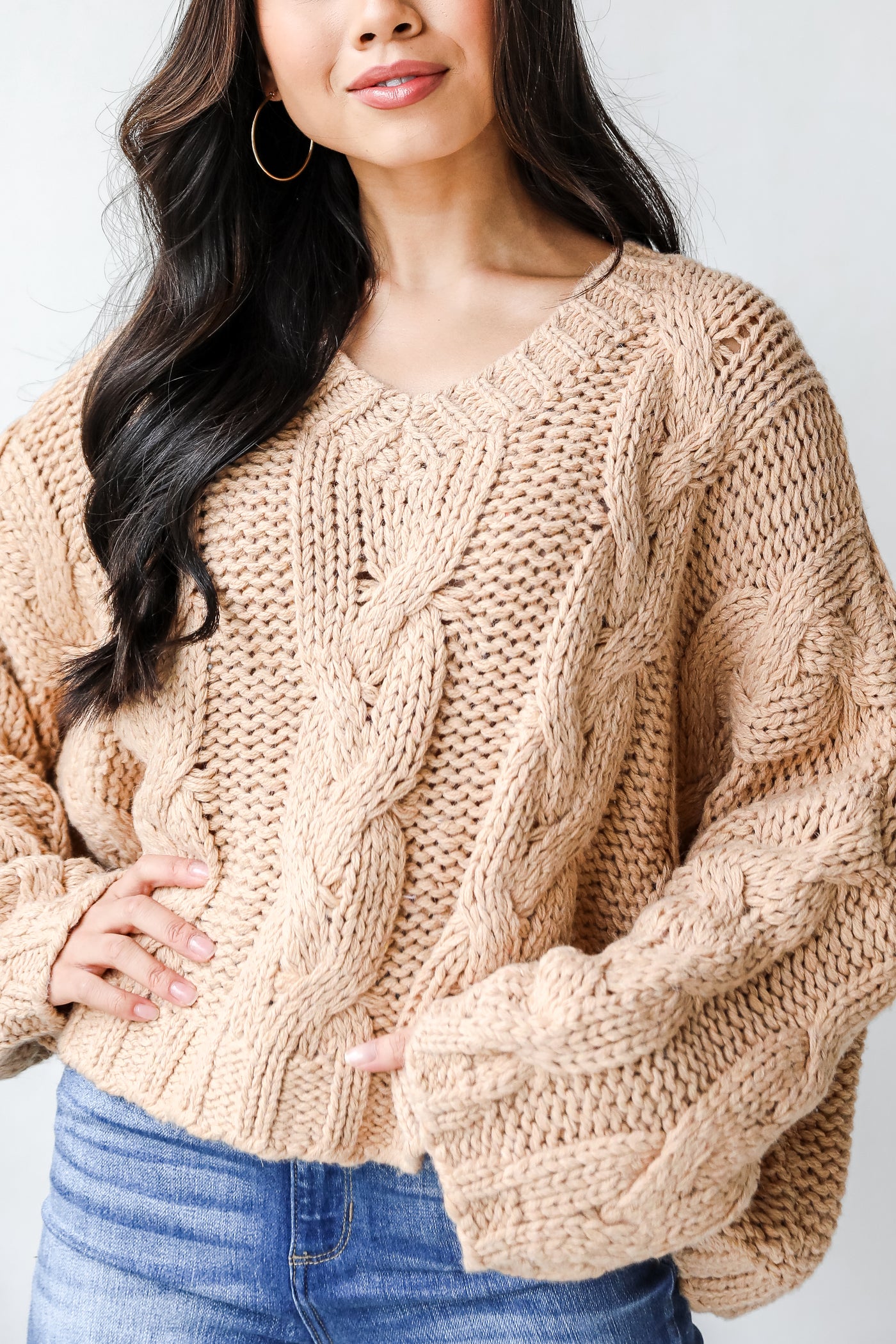 Cable Knit Sweater in taupe close up