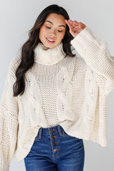Cable Knit Turtleneck Sweater in ivory