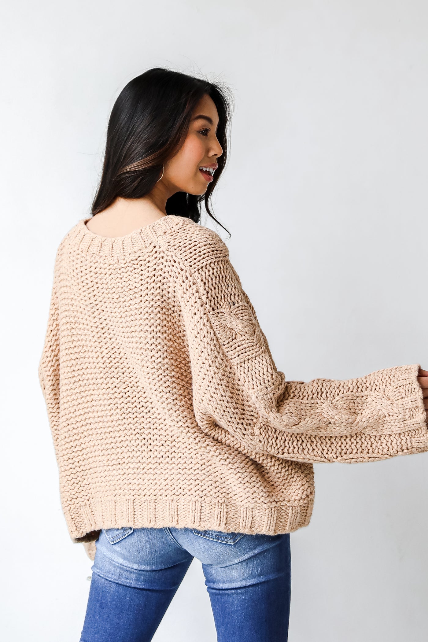 Cable Knit Sweater in taupe back view