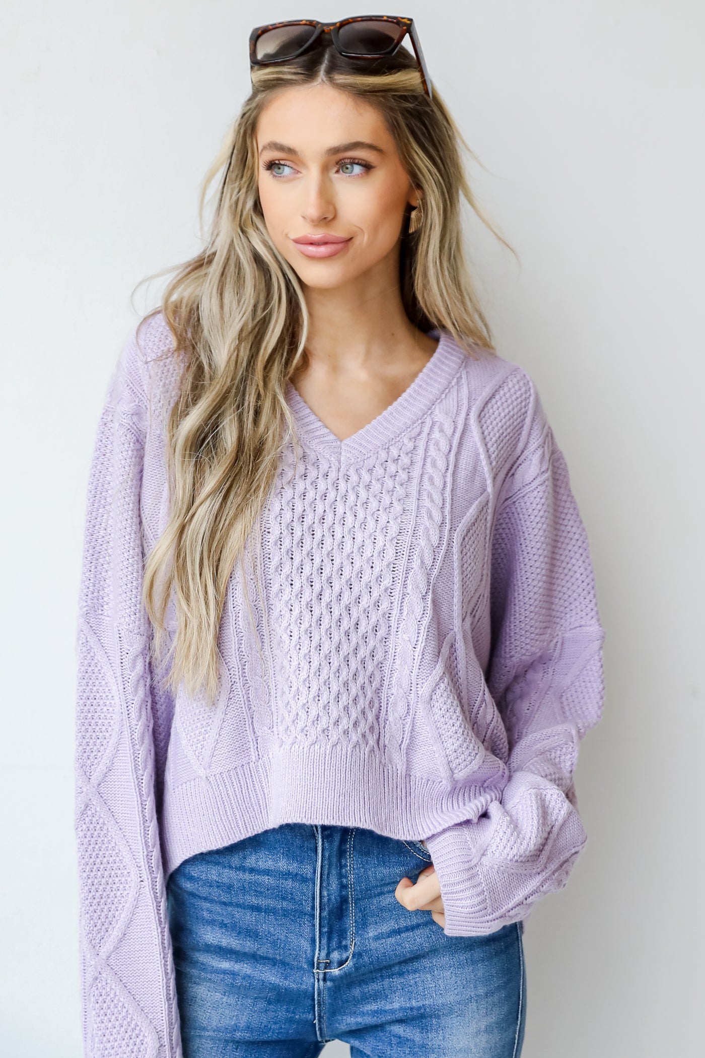 Cable Knit Sweater in lavender front view