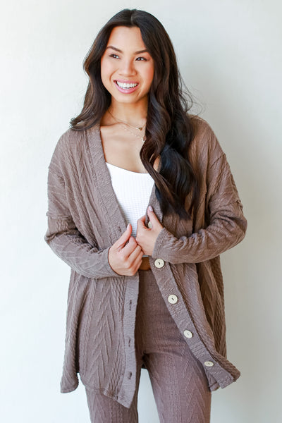 Cable Knit Cardigan in mocha front view
