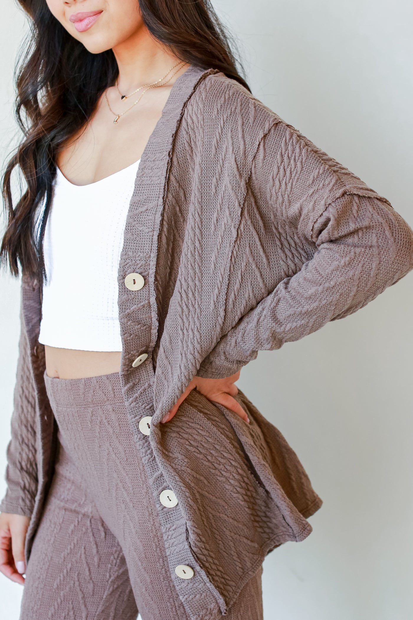 Cable Knit Cardigan in mocha side view