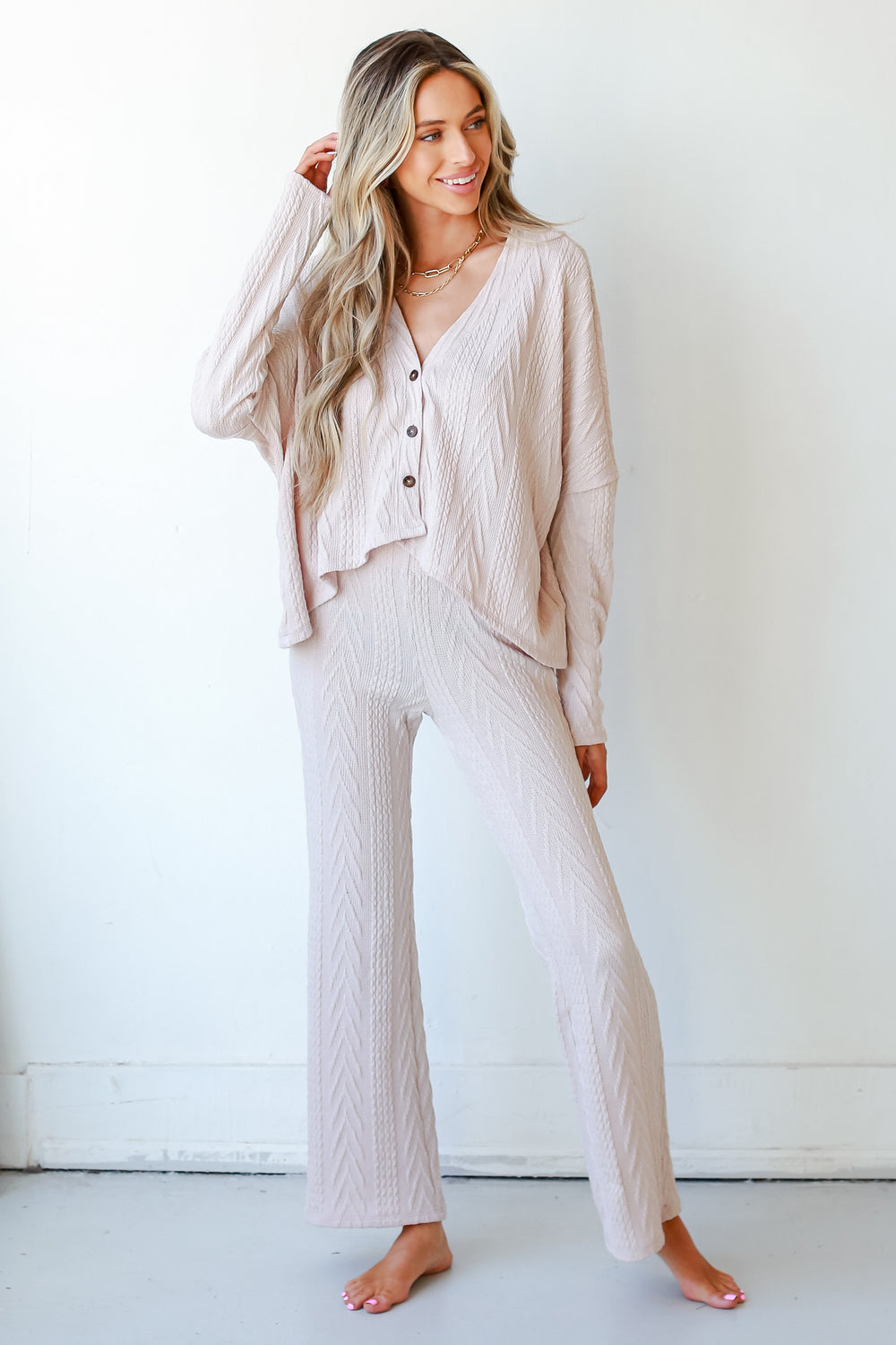 Cable Knit Lounge Pants in blush