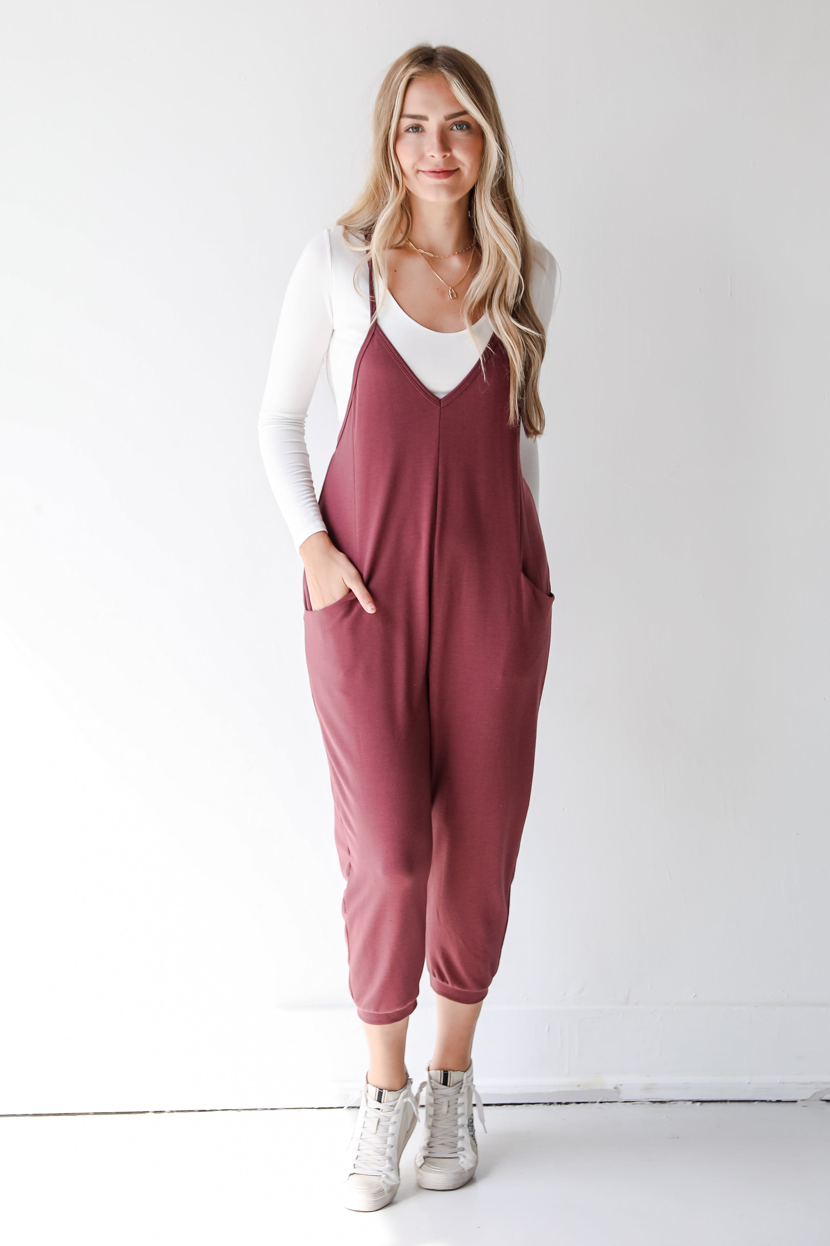 maroon jumpsuit
