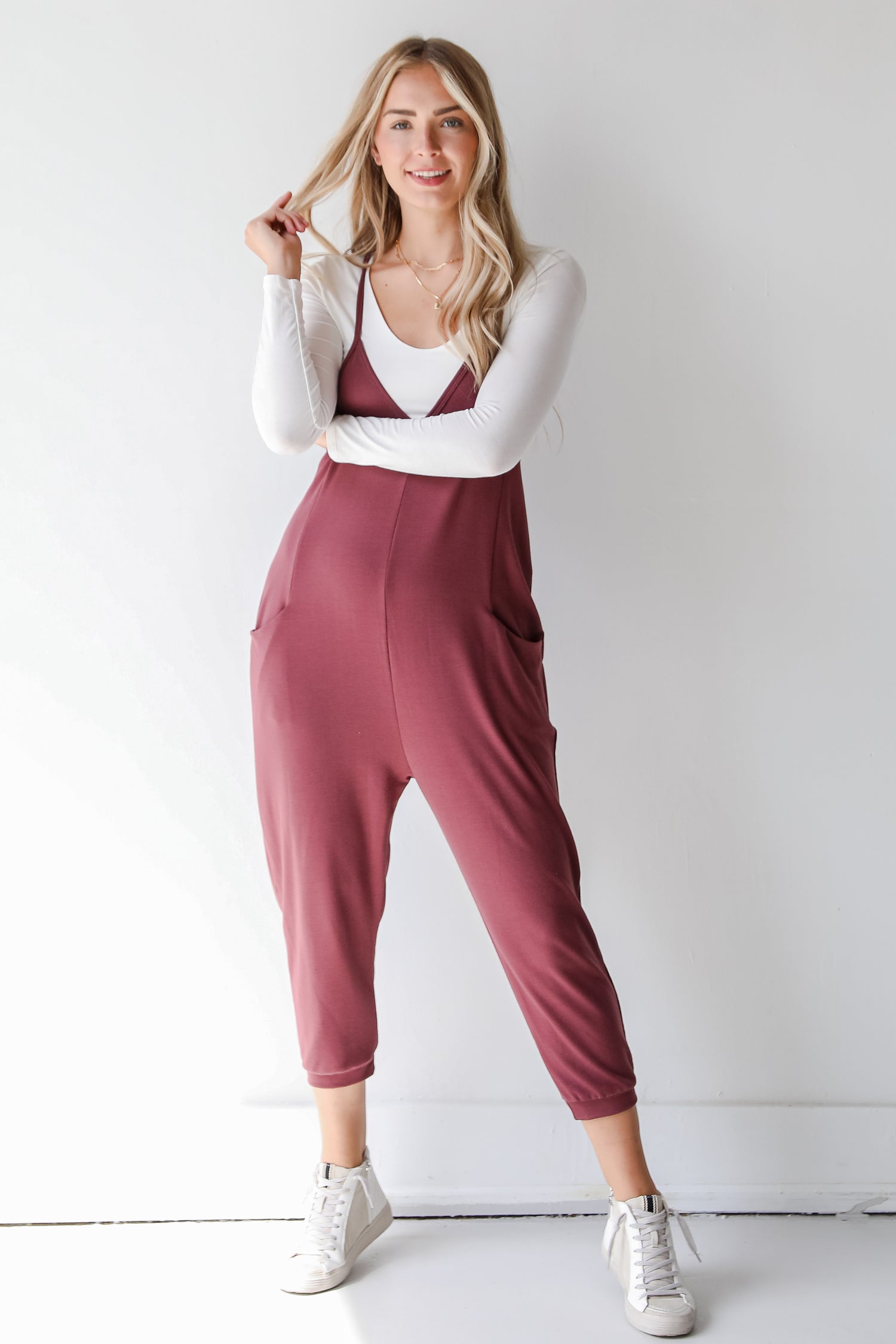 maroon casual jumpsuit front view