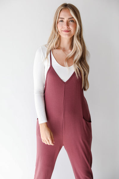 maroon casual jumpsuit close up