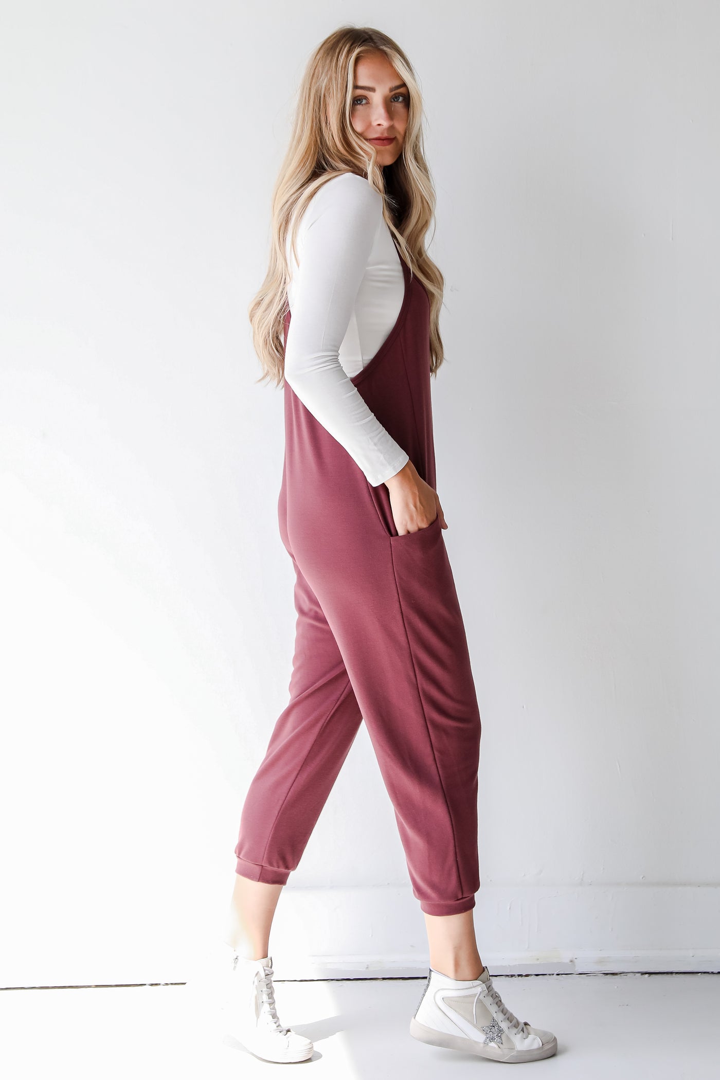 maroon casual jumpsuit side view