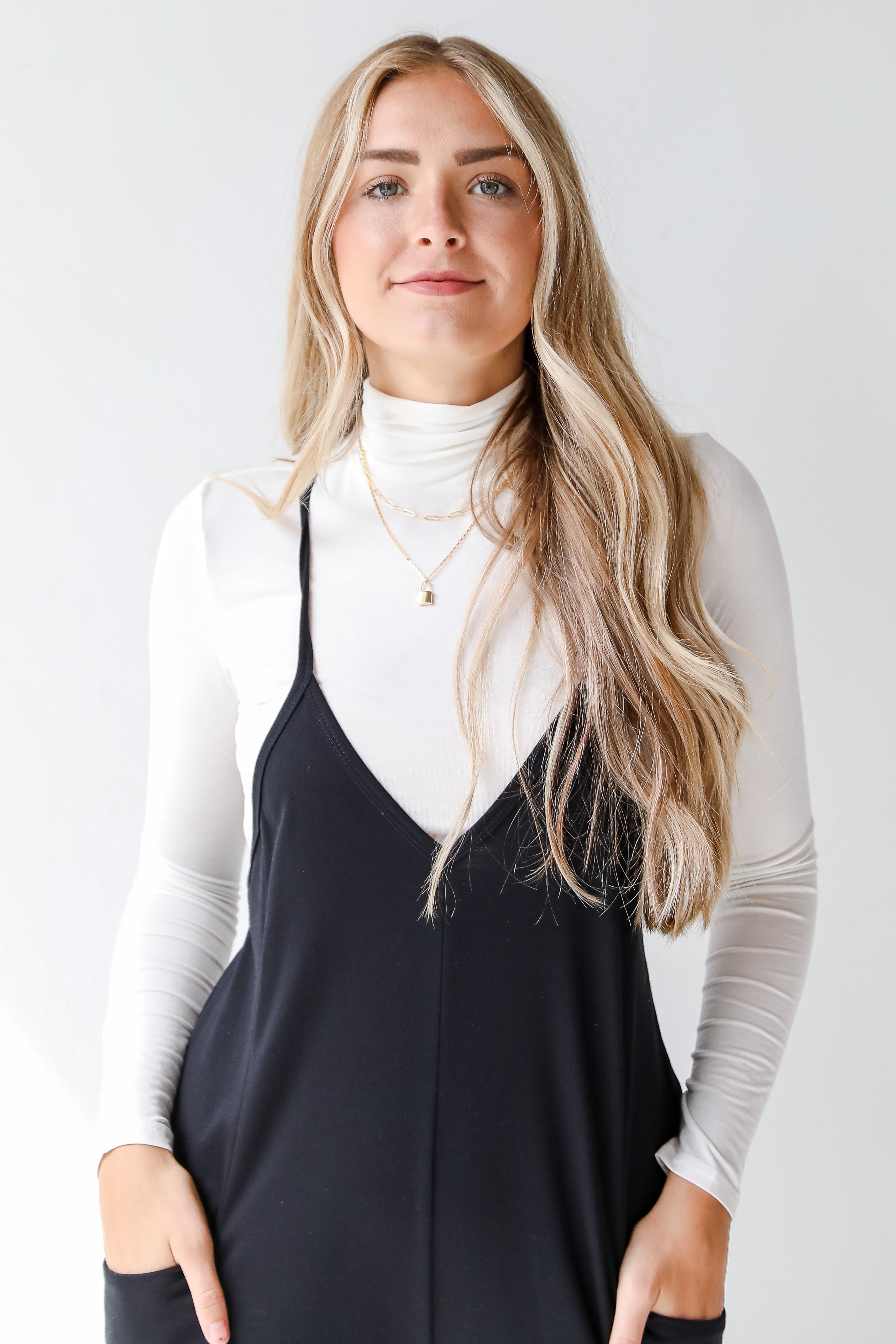 black casual jumpsuit close up