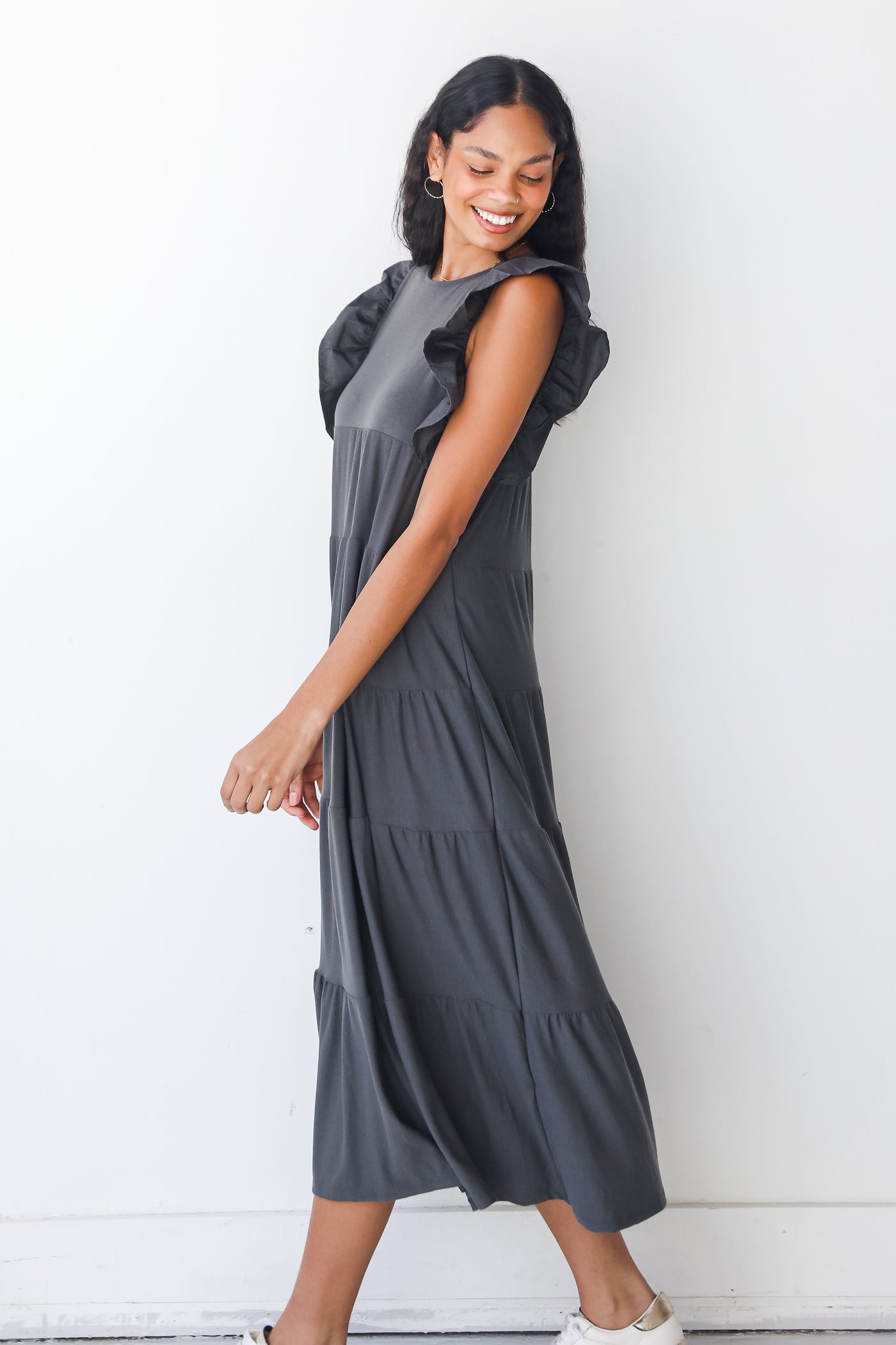 grey tiered maxi dress side view
