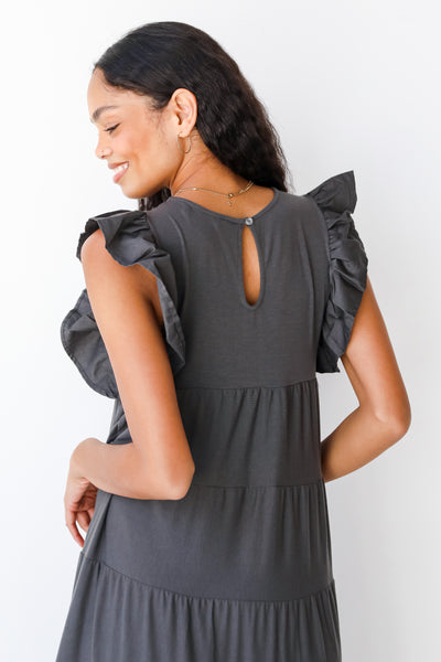 grey tiered maxi dress back view close up