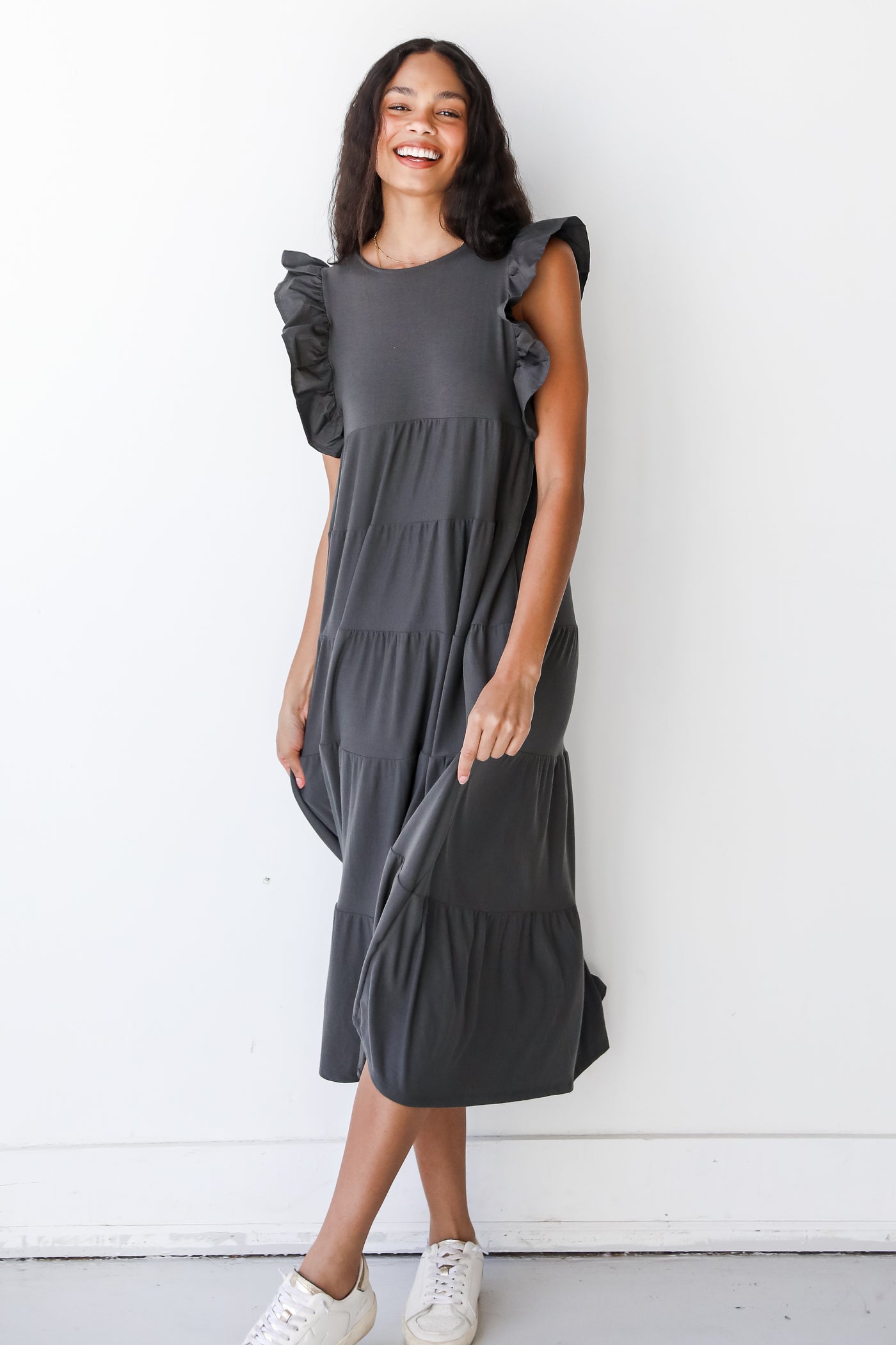 grey tiered maxi dress front view
