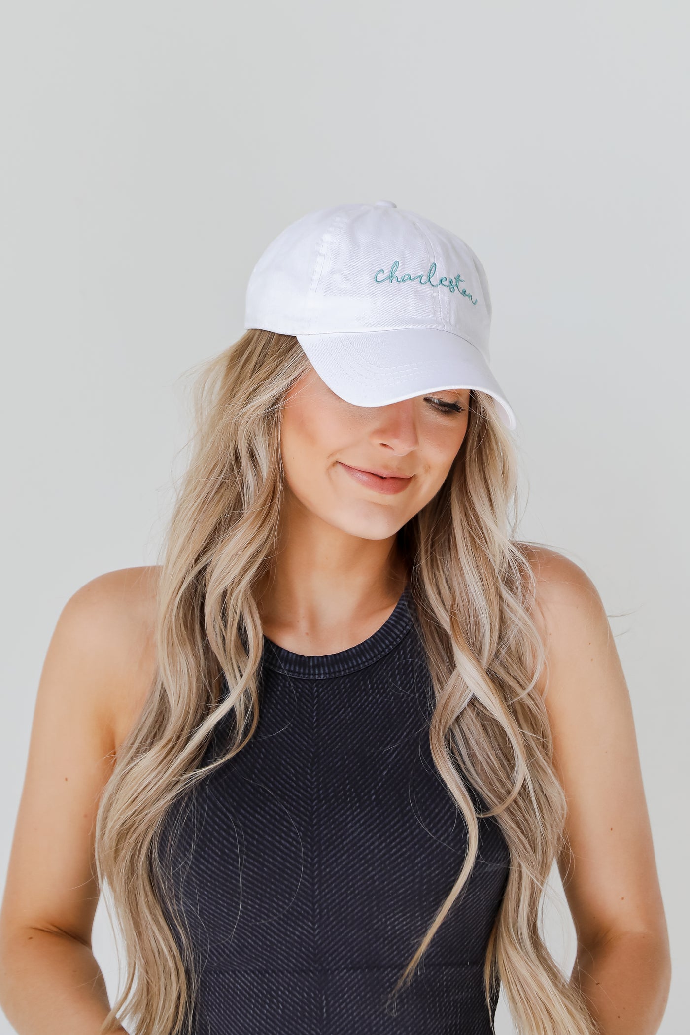 Charleston Script Embroidered Hat in white front view