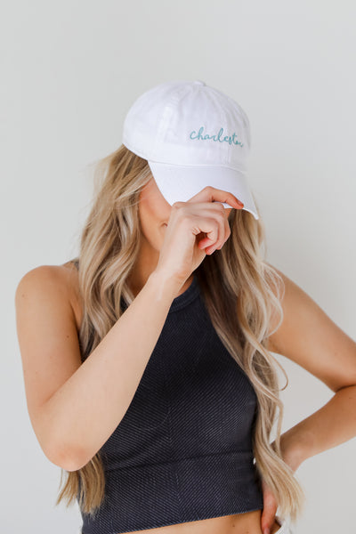 Charleston Script Embroidered Hat in white on model