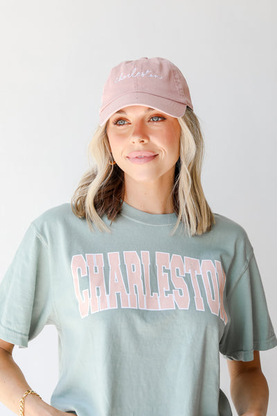 Charleston Embroidered Hat in blush on model