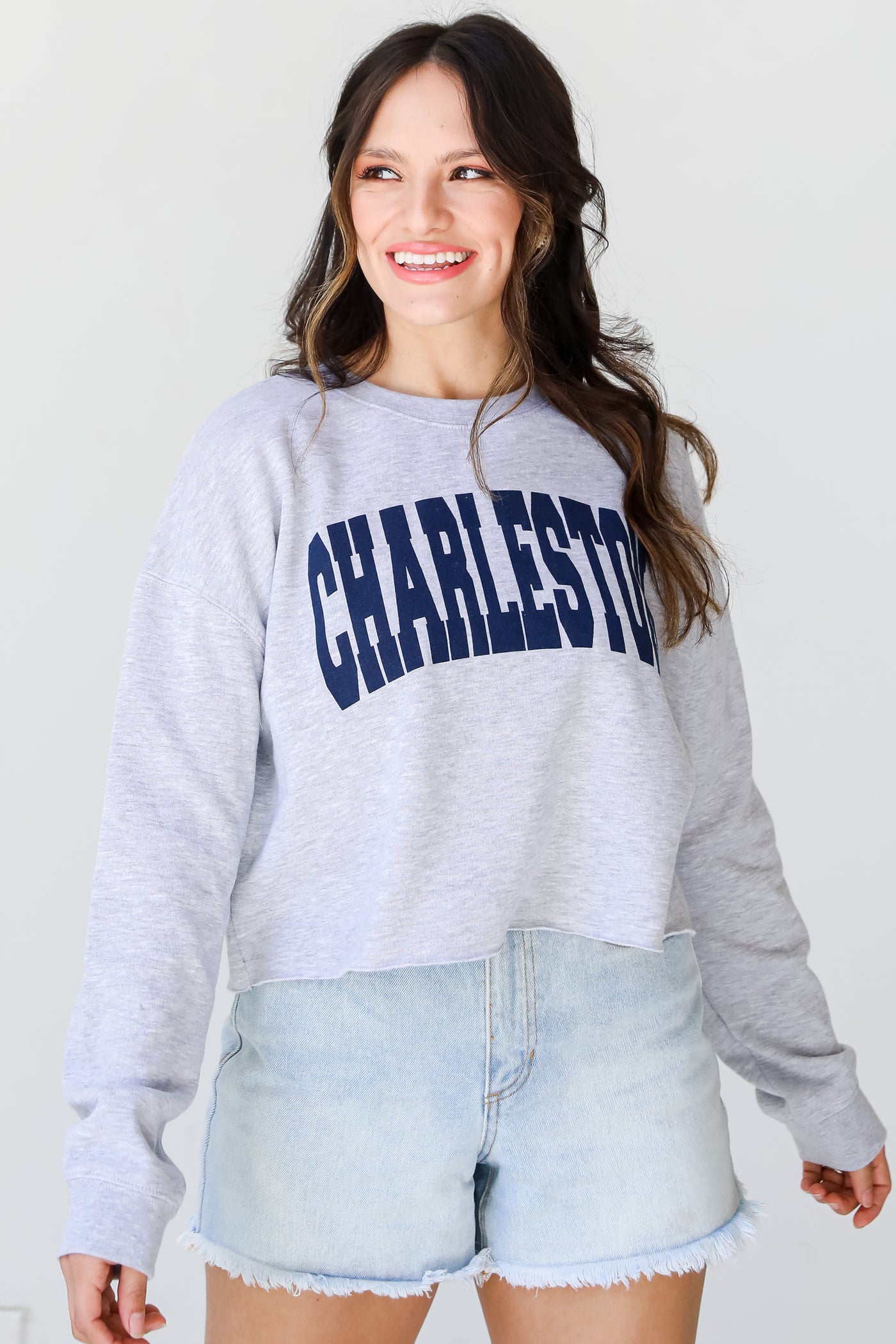 Heather Grey Charleston Cropped Pullover on model