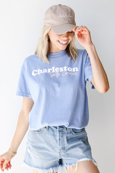 Light Blue Charleston South Carolina Script Tee on model