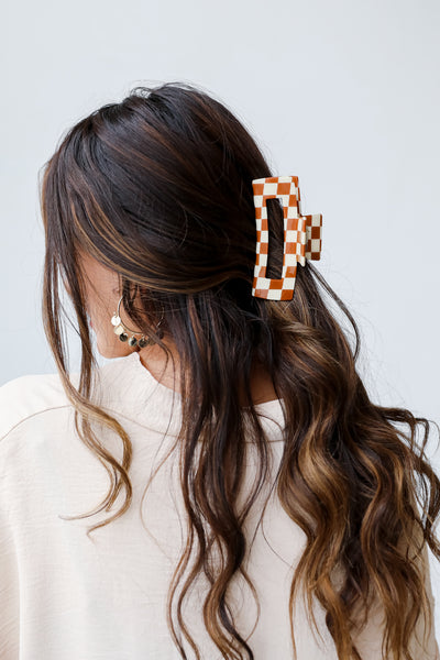 brown Checkered Claw Hair Clip